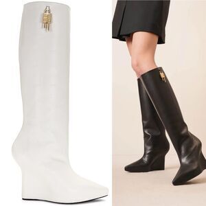 GIVENCHY Ladies G-Lock 110 Ivory Leather Wedge Knee High Boots EU 38.5 US 8 NEW
